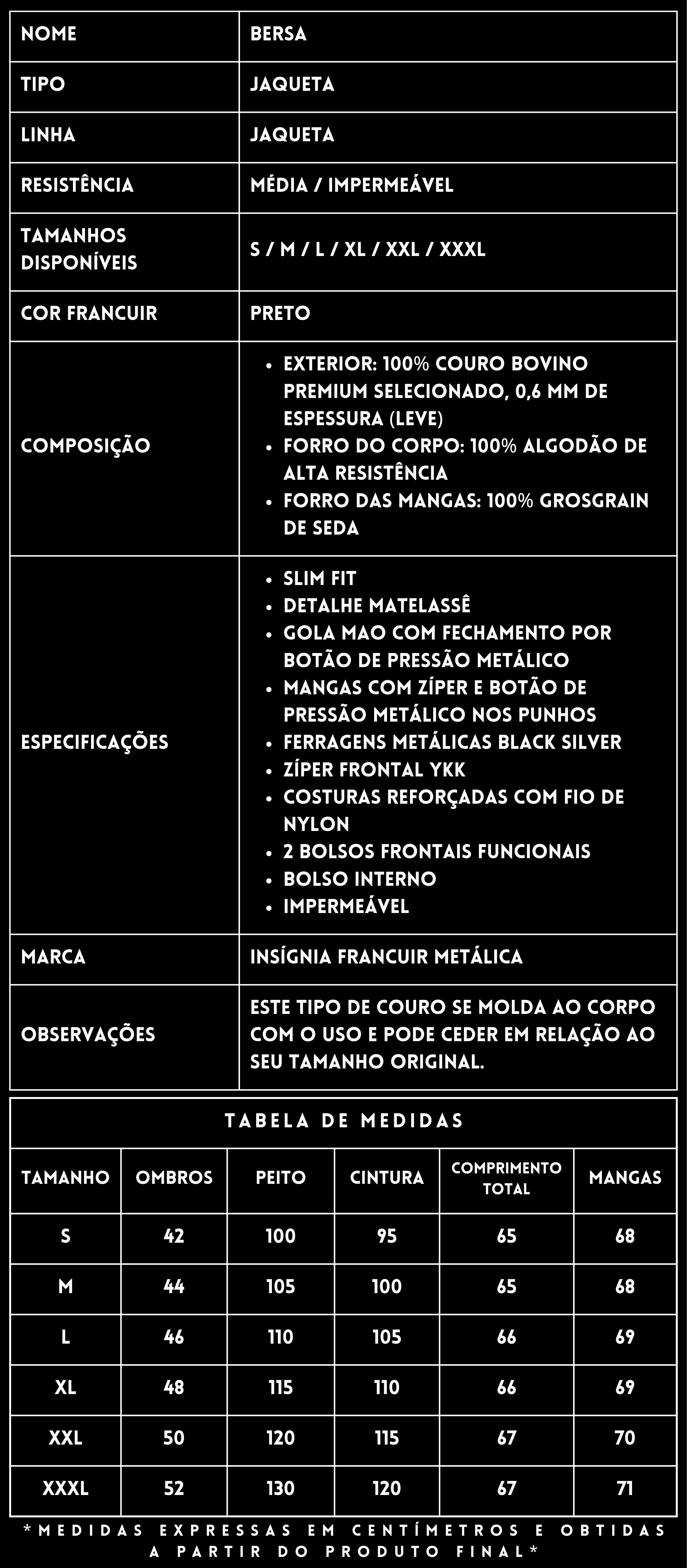 FICHA TÉCNICA DA JAQUETA DE COURO BERSA BLACK — FRANCUIR